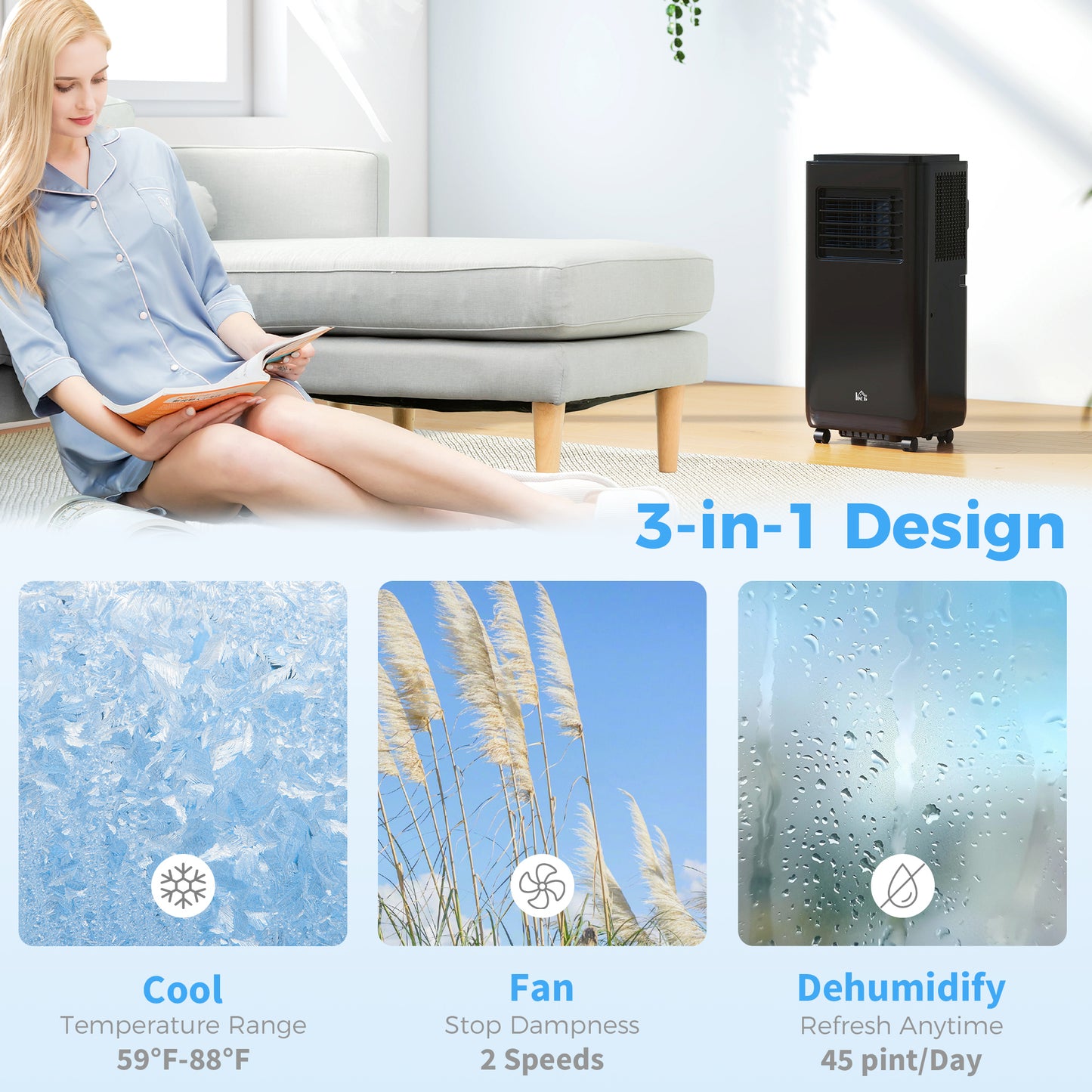 8000 BTU Portable Air Conditioner for 345 Sq Ft Room Black AC Unit with Dehumidifier Fan Sleep Mode 24H Timer & Window Kit