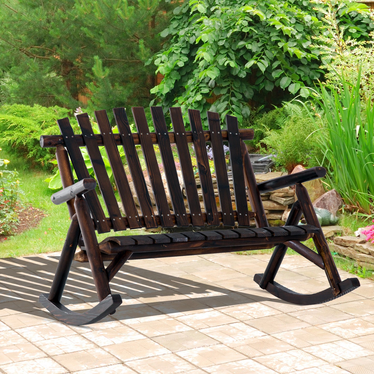Classic Wooden High-Back Rocking Chair Carbonized Outdoor Garden Furniture Relaxing Porch Rocker Durable Design