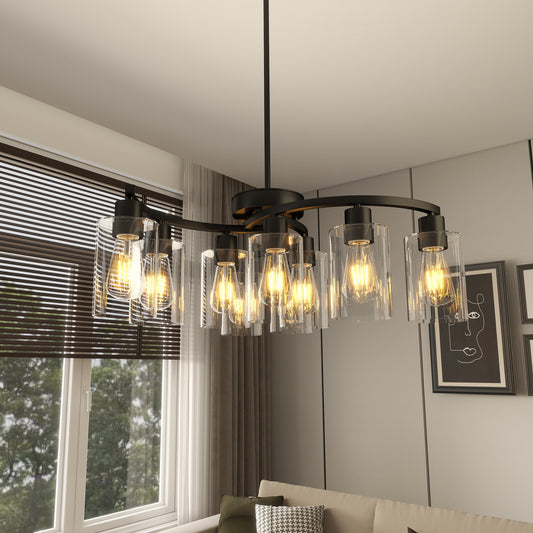 9-Light Modern Black Chandelier – Adjustable Industrial Farmhouse Ceiling Light with Clear Glass Shades for Dining Room & Kitchen Island