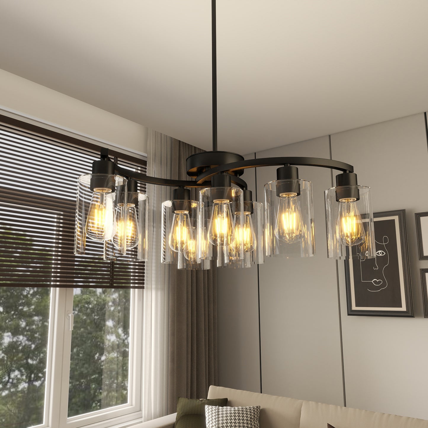 9-Light Modern Black Chandelier – Adjustable Industrial Farmhouse Ceiling Light with Clear Glass Shades for Dining Room & Kitchen Island