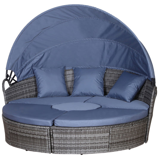 Outdoor PE Rattan Garden Furniture Set Round Daybed with Retractable Canopy Cushions & Coffee Table Grey Blue