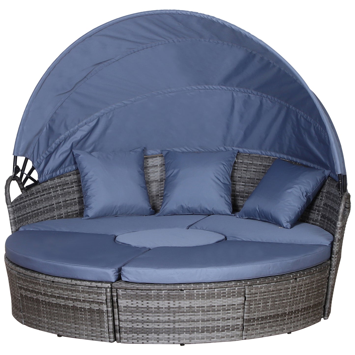 Outdoor PE Rattan Garden Furniture Set Round Daybed with Retractable Canopy Cushions & Coffee Table Grey Blue