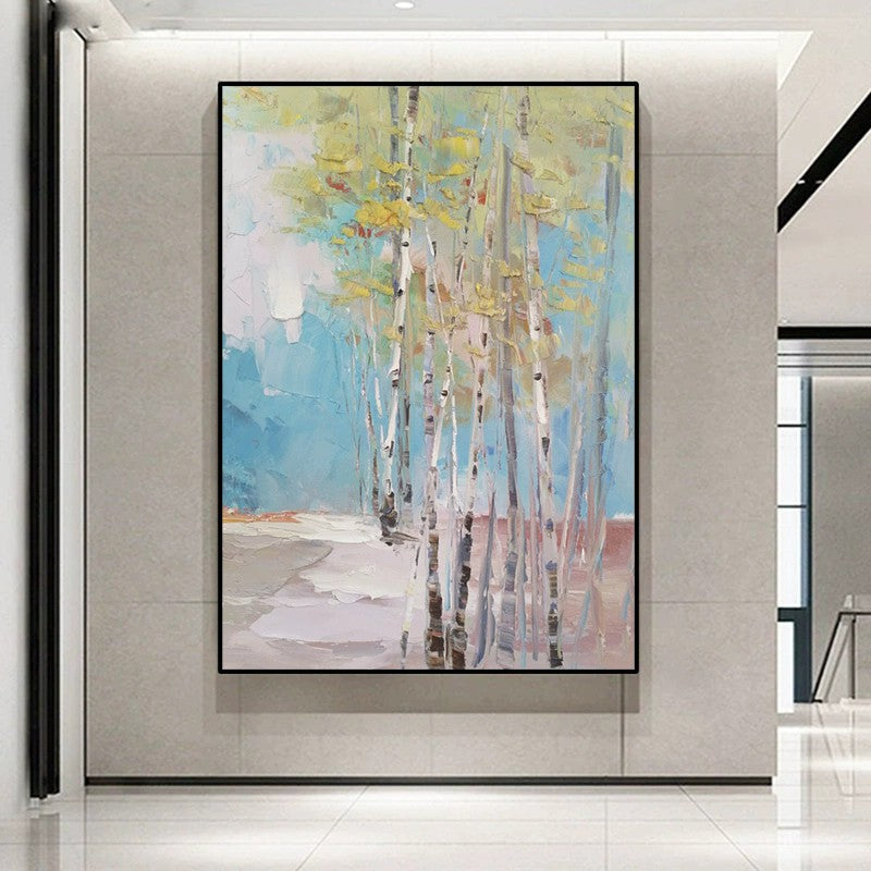 Handmade Birch Forest Oil Painting Canvas Wall Art Abstract Landscape Frameless Unstretched Home Decor
