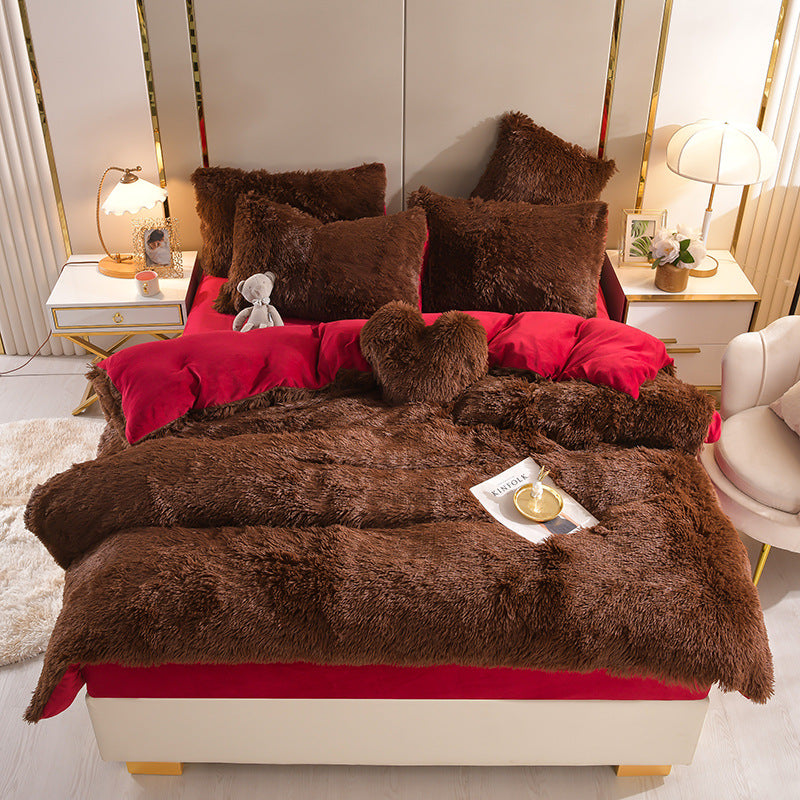 Plush Thickened Warm Mink Fur Four Piece Bedding Set Soft Winter Duvet Cover Bed Sheet Pillowcase Set