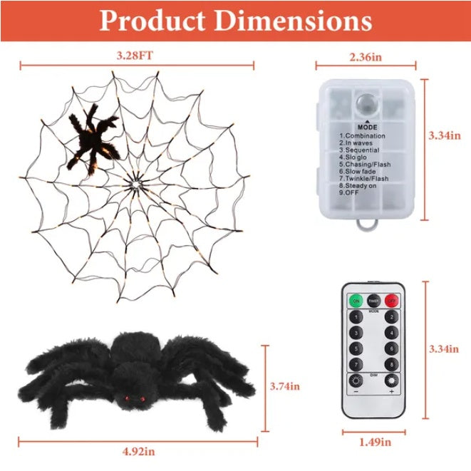 3.28FT Spider Web Light with Hairy Spider – Halloween LED Hanging Decoration Light