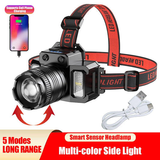 USB Rechargeable Telescopic LED Headlamp – Motion Sensor Head Torch with 5 Modes & Power Bank for Camping