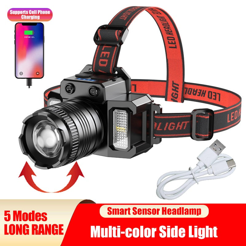 USB Rechargeable Telescopic LED Headlamp – Motion Sensor Head Torch with 5 Modes & Power Bank for Camping