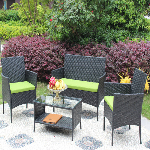 4 Piece Rattan Patio Furniture Set Outdoor Wicker Sofa with Cushioned Seats Green Cushion Garden Outdoor Seating Set