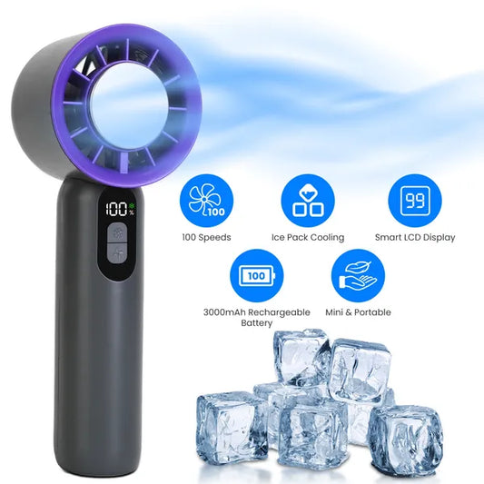 100-Speed Handheld Turbo Fan with Ice Cooling High Speed 3000mAh Rechargeable Fan with LCD Display for Travel Camping Outdoor Use