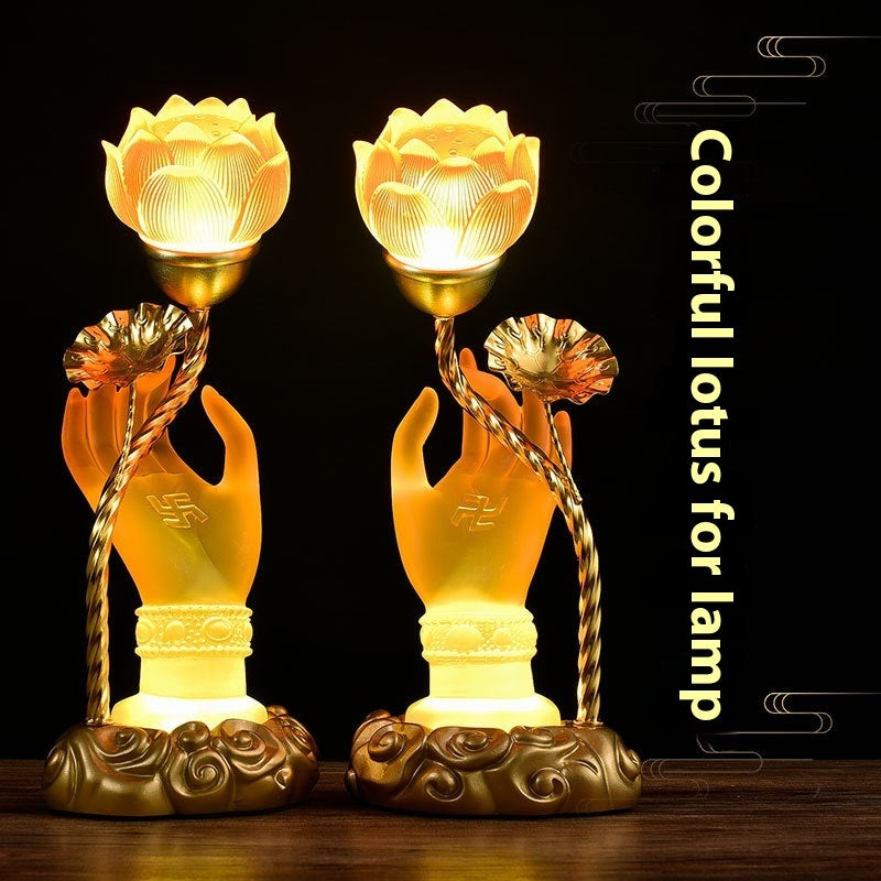 Colorful Crystal Lotus Buddha Hand Plug-in Lamp for Worship & Meditation