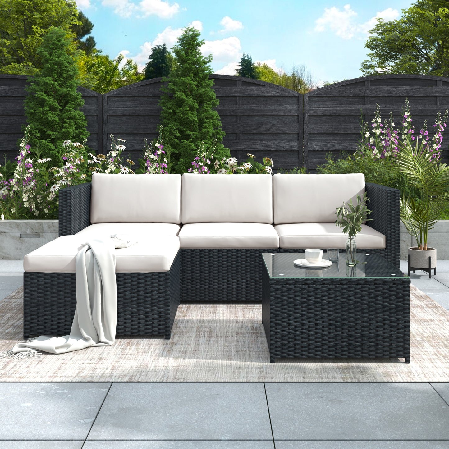 Black Rattan Garden Corner Sofa Set Patio Furniture Lounge Set Outdoor Entertaining Seating