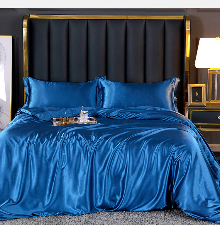 Artificial Silk Double Sided Satin Quilt Cover Bed Sheet 4 Piece Set Luxury Soft Bedding Set