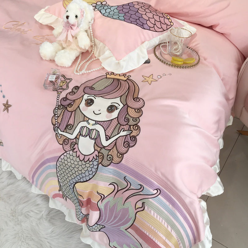 Mermaid Cotton Four Piece Bedding Set Embroidered Naked Sleep Style Soft Duvet Cover Bed Sheet Set