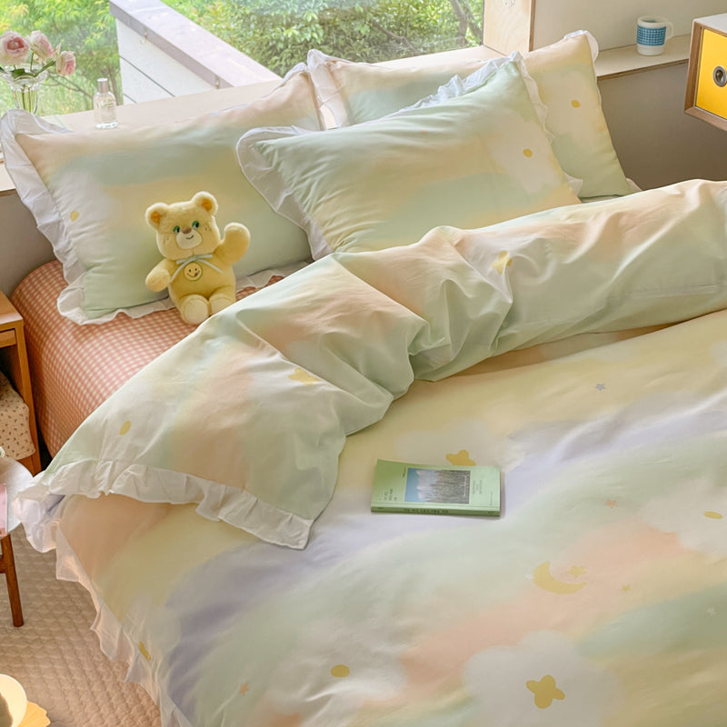 Small Floral Cotton Four Piece Bedding Set Princess Style Duvet Cover Bed Sheet Pillowcase Soft Bedroom Set