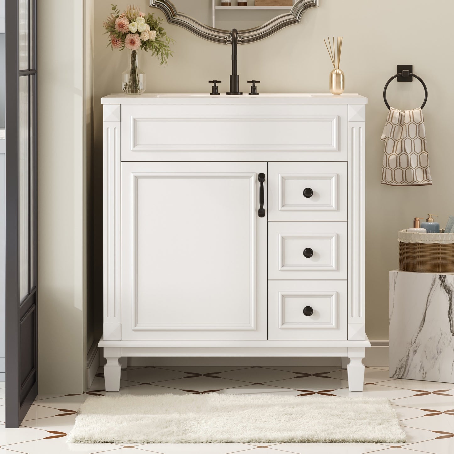30 Inch Bathroom Vanity with Ceramic Sink Modern Small Bathroom Cabinet with 2 Drawers and Adjustable Shelf