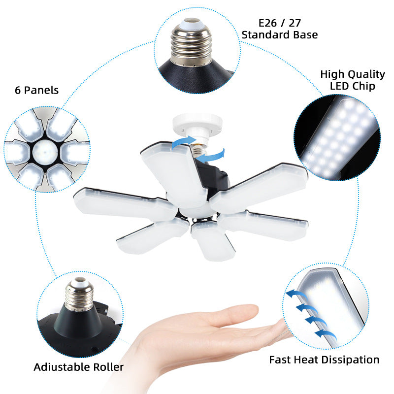 LED Garage Deformable 6-Leaf Light – Foldable Industrial Ceiling Lamp