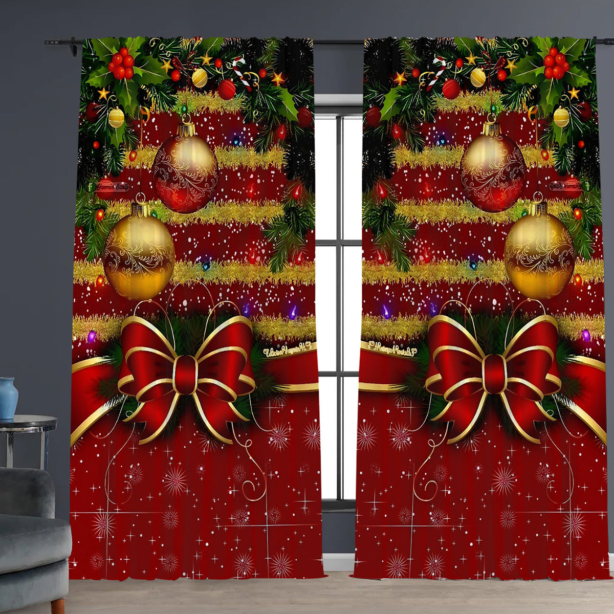 2PCs Christmas Curtains 3D Digital Printing Flower Window Drapes Festive Home Decoration
