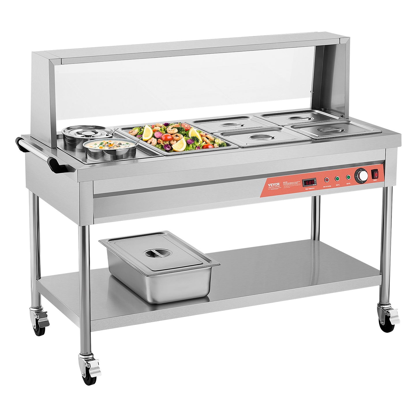 Commercial 5 Pan Food Warmer Steam Table with 2 Pots and Undershelf Shield for Buffet and Catering Use