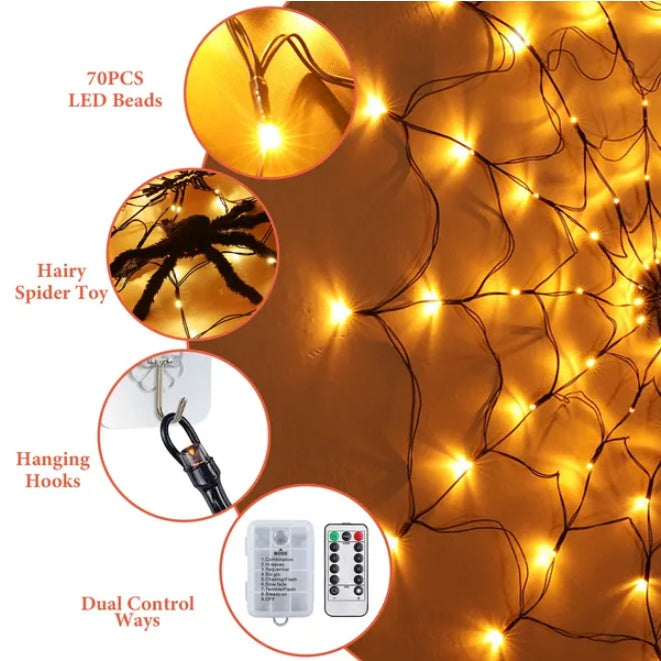 3.28FT Spider Web Light with Hairy Spider – Halloween LED Hanging Decoration Light