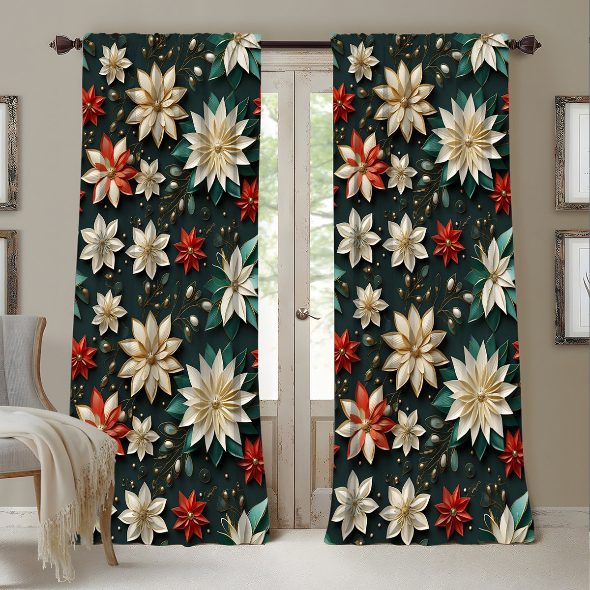 2PCs Christmas Curtains 3D Digital Printing Flower Window Drapes Festive Home Decoration