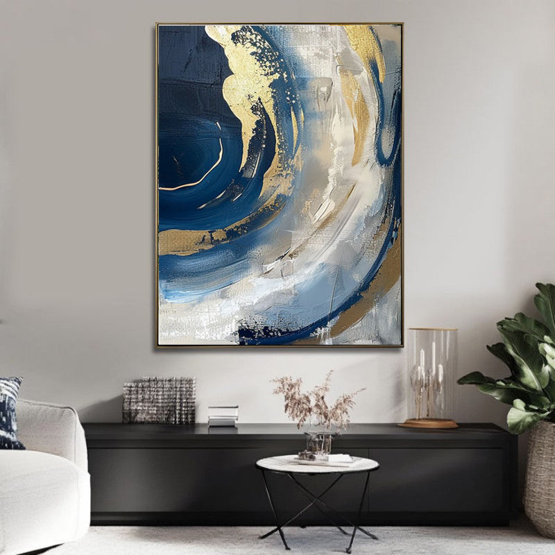 Luxury Handmade Abstract Oil Painting on Canvas Modern Golden Blue Minimalist Texture Wall Art for Living Room Decor Frameless