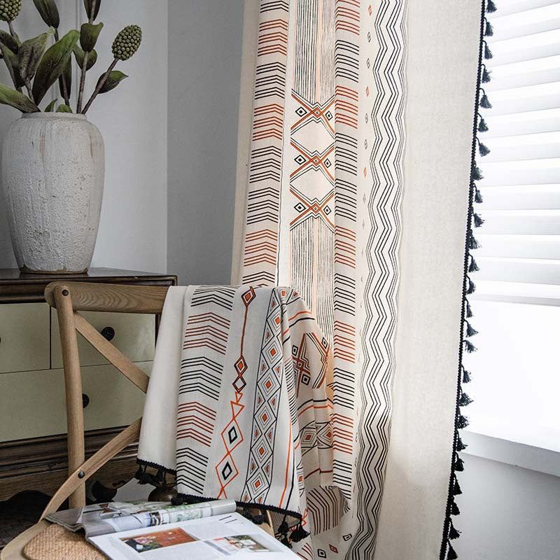 Boho Cream Cotton Linen Print Sun Shade Curtain Fabric Non Punched Window Drapes for Home Decor