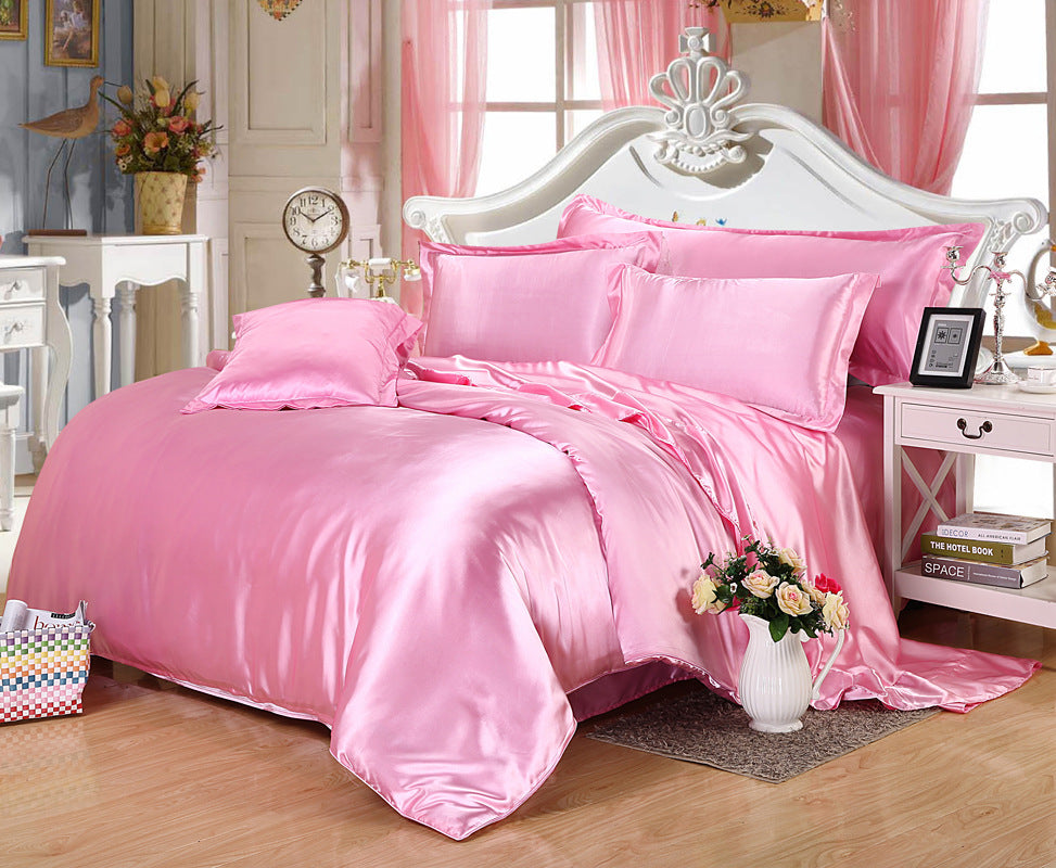 Artificial Silk Double Sided Satin Quilt Cover Bed Sheet 4 Piece Set Luxury Soft Bedding Set
