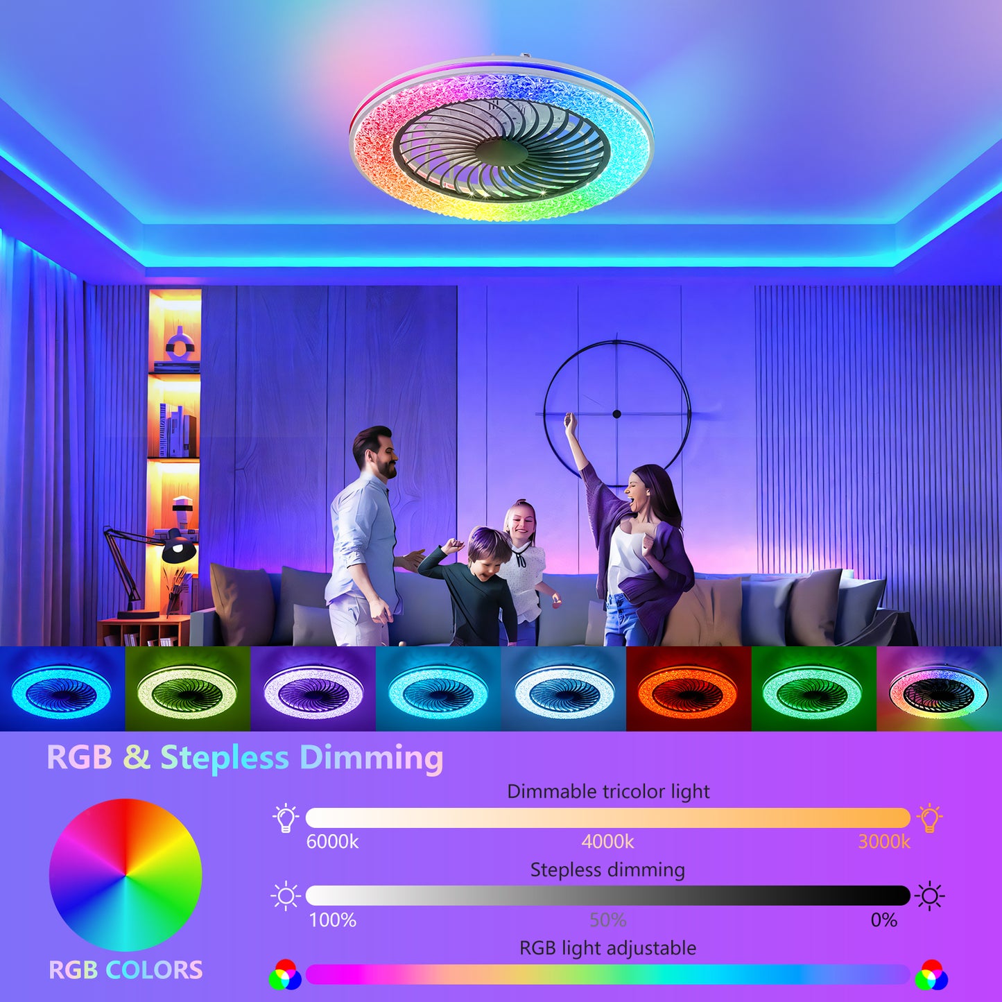 23 Inch RGB LED Enclosed Ceiling Fan Light Bladeless Low Profile Modern Ceiling Fan for Living Room Bedroom