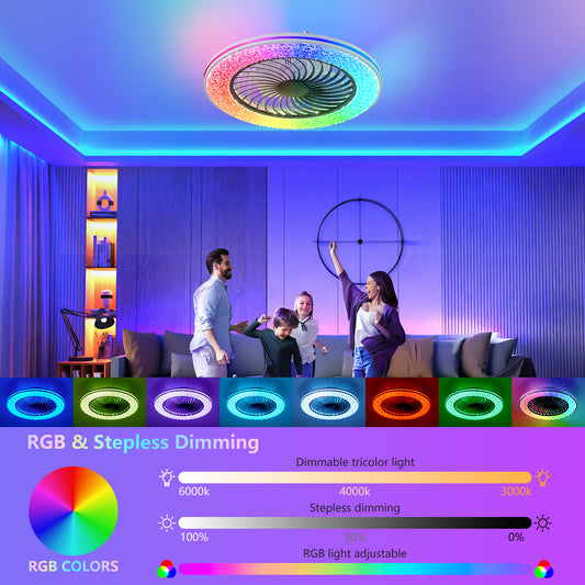 23 Inch RGB LED Enclosed Ceiling Fan Light Bladeless Low Profile Modern Ceiling Fan for Living Room Bedroom