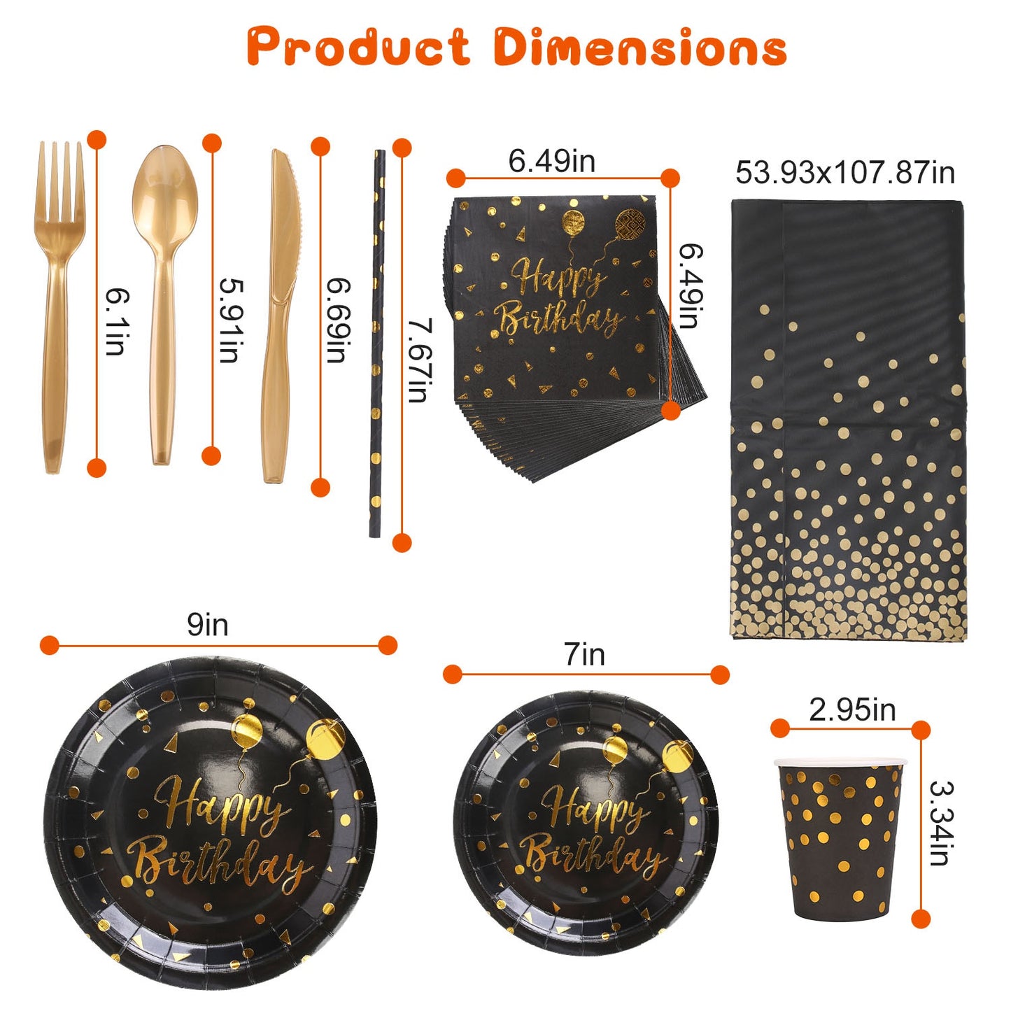 201PCS Black & Gold Birthday Party Supplies Set for 25 Guests – Disposable Plates, Cups, Napkins, Cutlery & Tablecloth