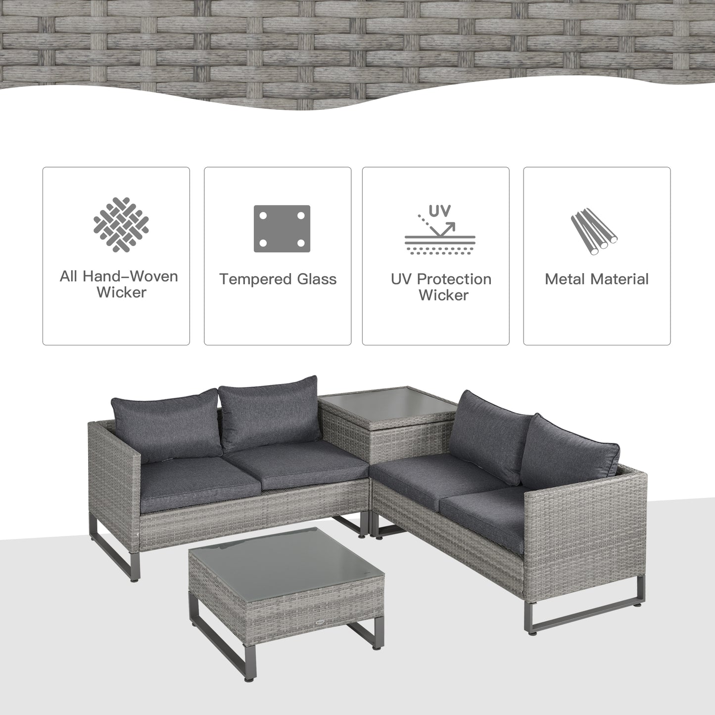 4 Piece Rattan Garden Furniture Set 4 Seater Sofa with Storage Box Glass Top Table Wicker Outdoor Patio Furniture Grey