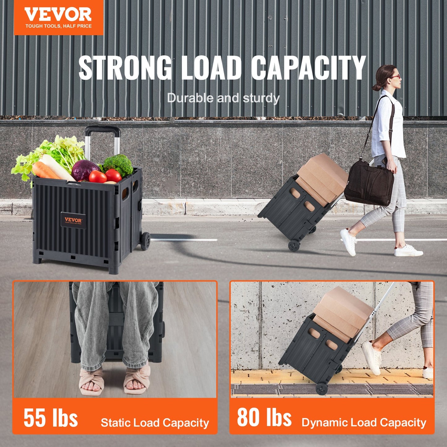 Foldable Utility Cart 80Lbs Load Portable Rolling Crate Heavy Duty Handcart with Telescoping Handle & Wheels