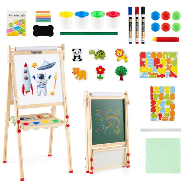 Natural Pine Wood 3-in-1 Kids Art Easel – Adjustable Magnetic Whiteboard & Chalkboard Drawing Board (Ages 3–14)