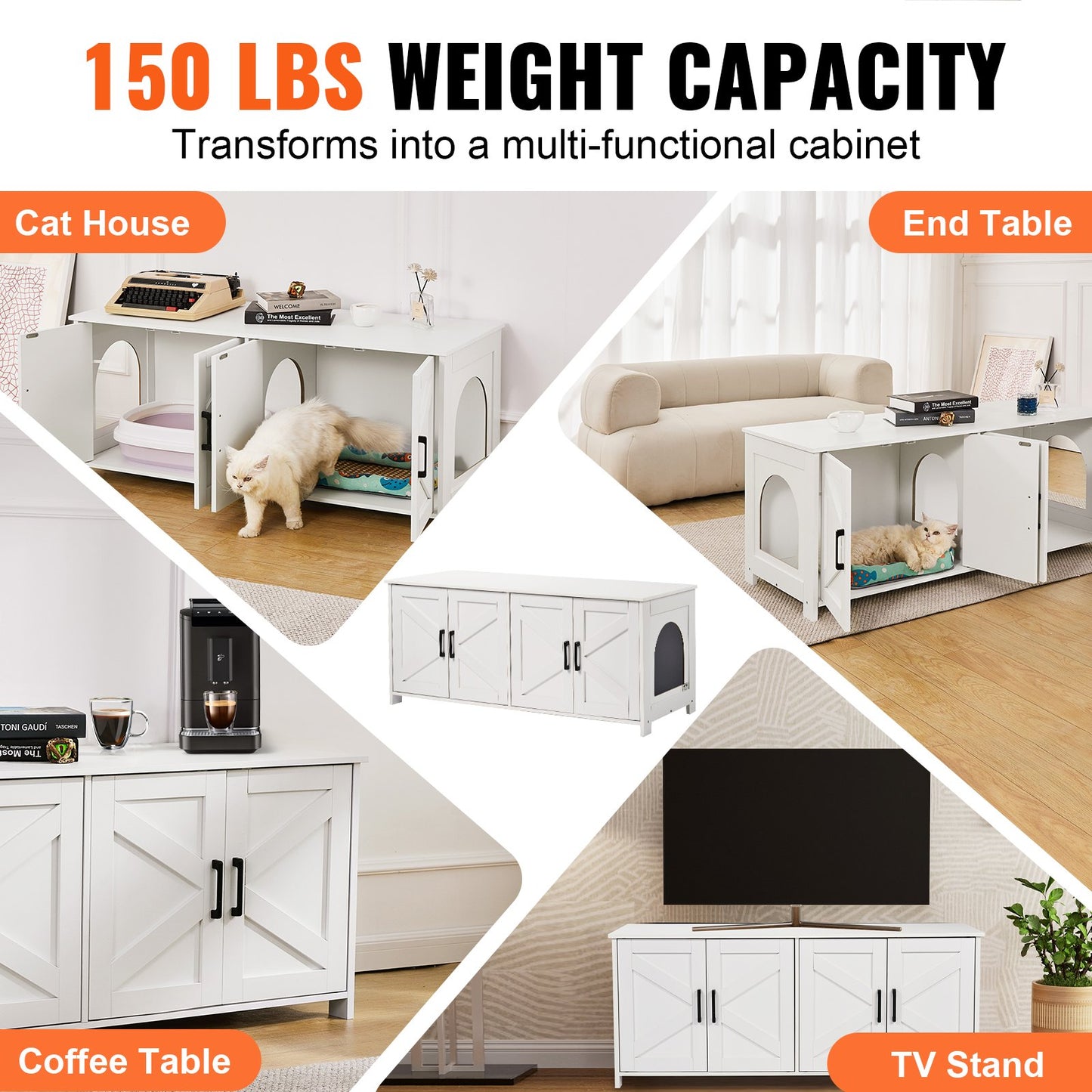 Wooden Cat Litter Box Enclosure Furniture Hidden 2-Room Cat House Cabinet White Pet Storage Cabinet