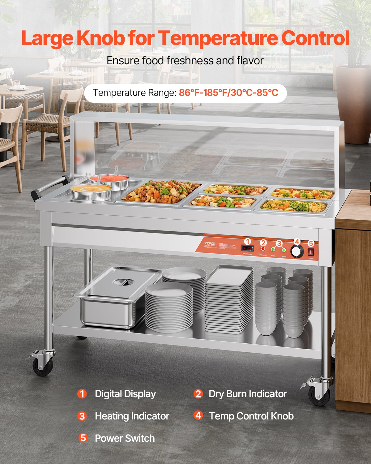 Commercial 5 Pan Food Warmer Steam Table with 2 Pots and Undershelf Shield for Buffet and Catering Use
