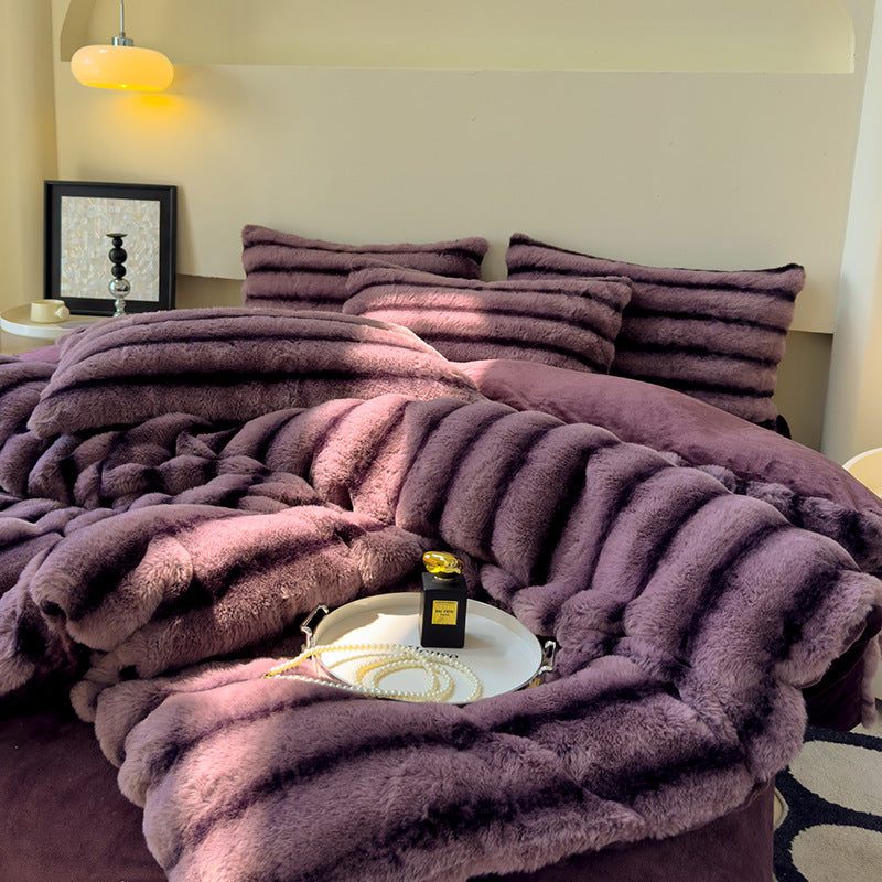 Milk Fiber Thick Rabbit Fur 4-Piece Bedding Set Autumn Winter Warm Fluffy Soft Breathable Bed Set