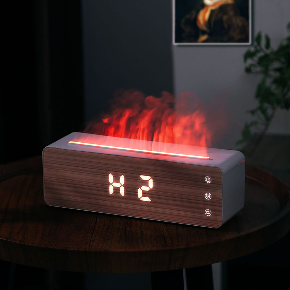 Flame Humidifier Aromatherapy Machine with Clock Display Desktop LED Mist Diffuser for Bedroom Home Relaxation