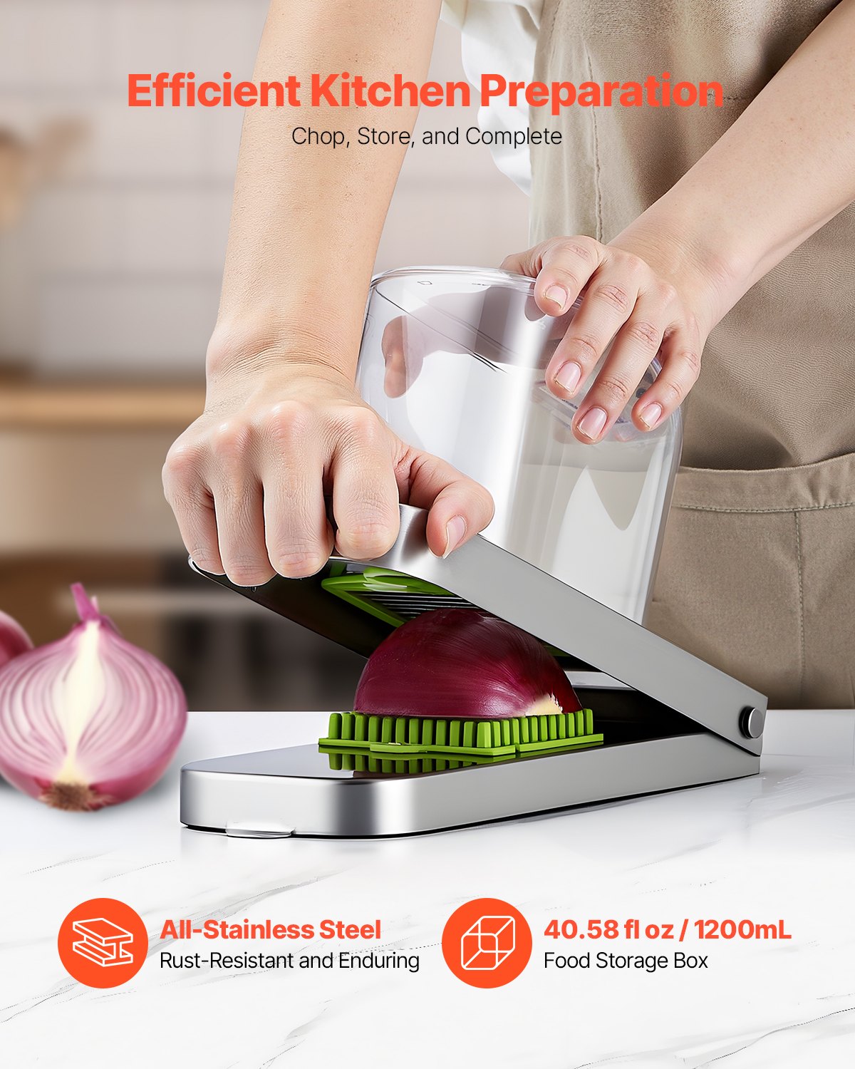 Vegetable Chopper 3 in 1 Stainless Steel Onion Slicer Food Cutter with Container Kitchen Gadget for Easy Meal Prep