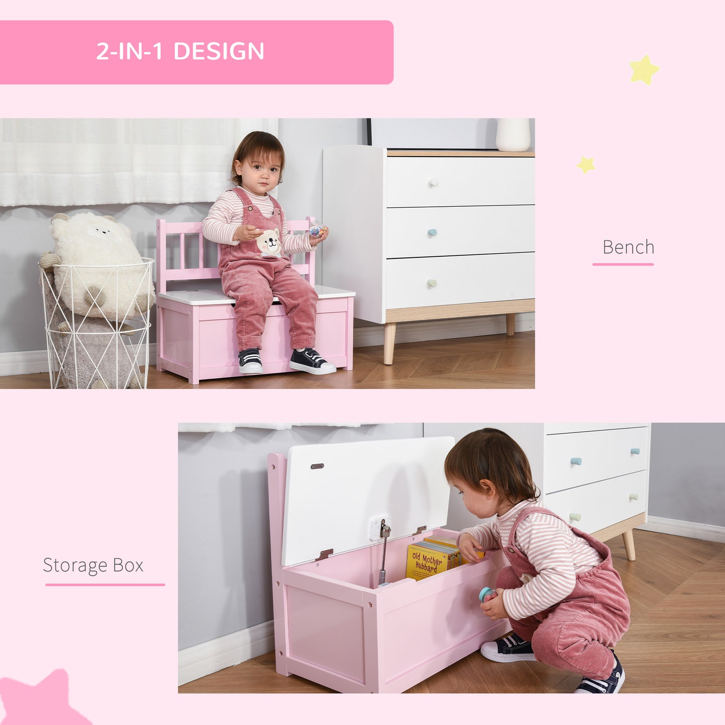 Pink Toddler Toy Box Storage Bench 27L Kids Seating Storage Organizer for Bedroom & Playroom Furniture