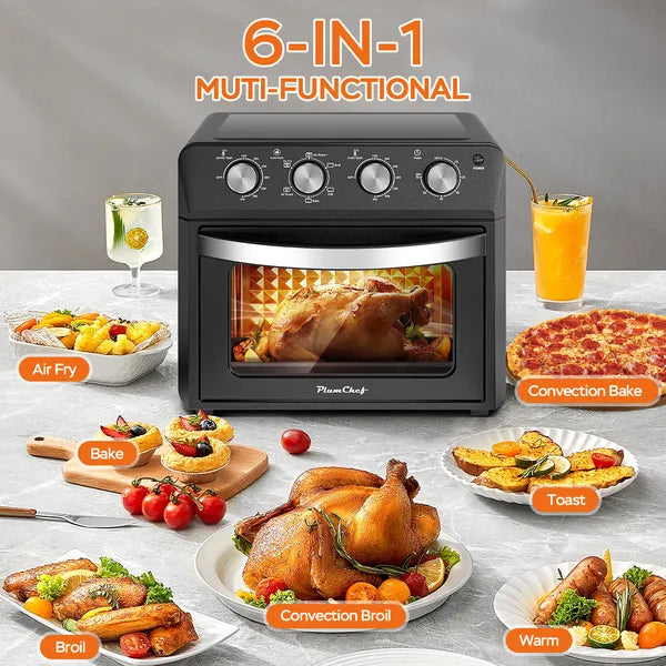 27.5QT 6 in 1 Air Fryer Toaster Oven Dropdown Door 6 Slice Countertop Convection Oven for Air Frying Baking Roasting Broiling and Grilling 1600W Black