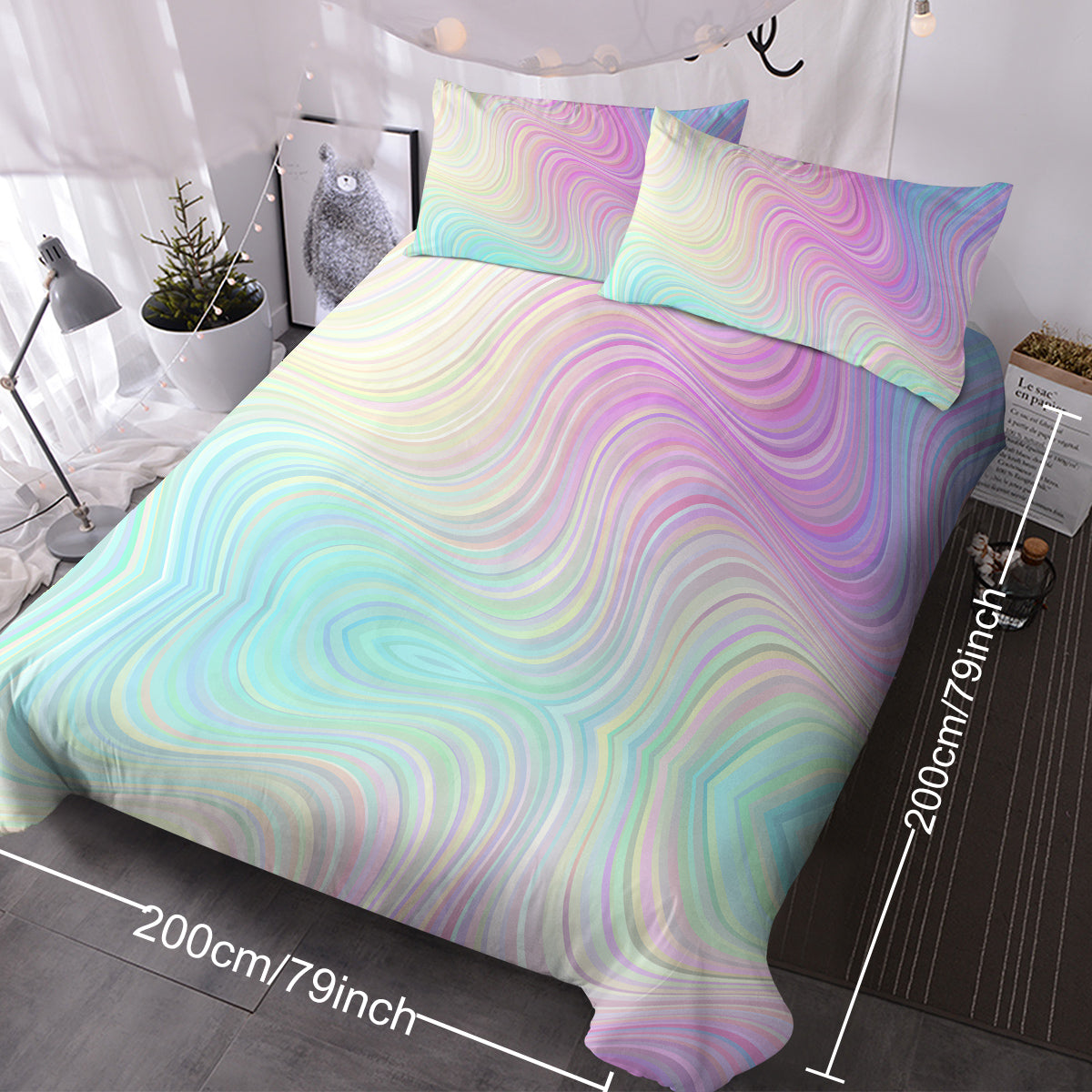 Girly Rainbow Glitter Ombre Duvet Cover Bedding Set 3 Pcs Chic Pastel Purple Blue Green Sparkle Quilt Cover Set with 2 Pillow Shams