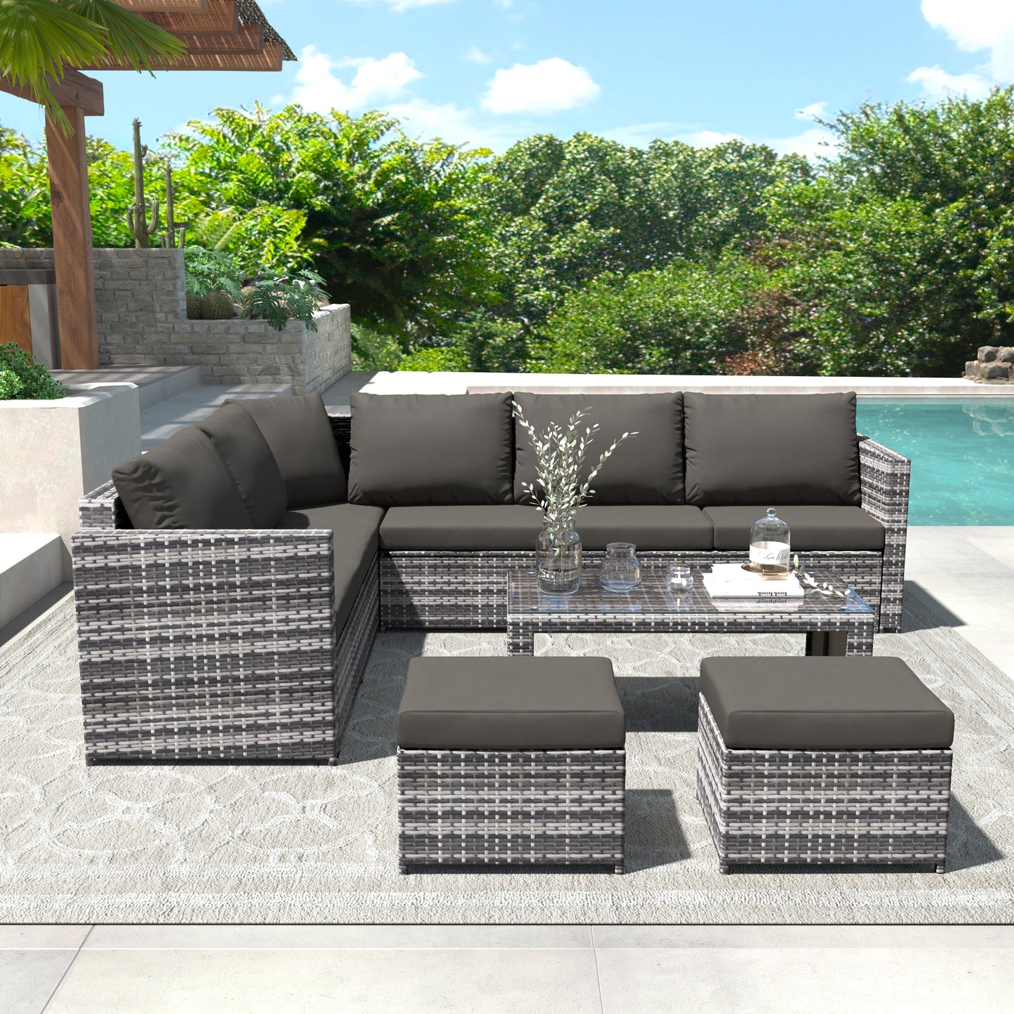 Garden Corner Sofa Set Rattan Outdoor Furniture with Coffee Table and 2 Stools Patio Lounge Set