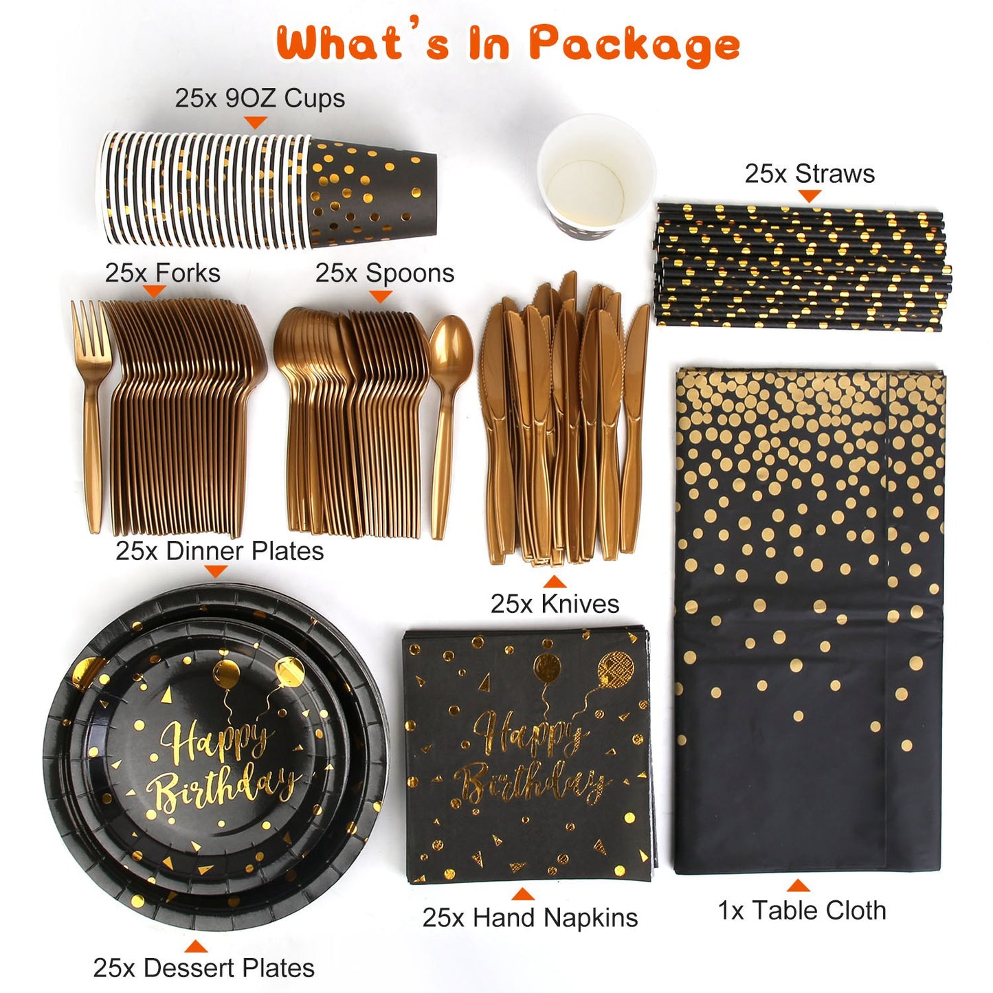 201PCS Black & Gold Birthday Party Supplies Set for 25 Guests – Disposable Plates, Cups, Napkins, Cutlery & Tablecloth