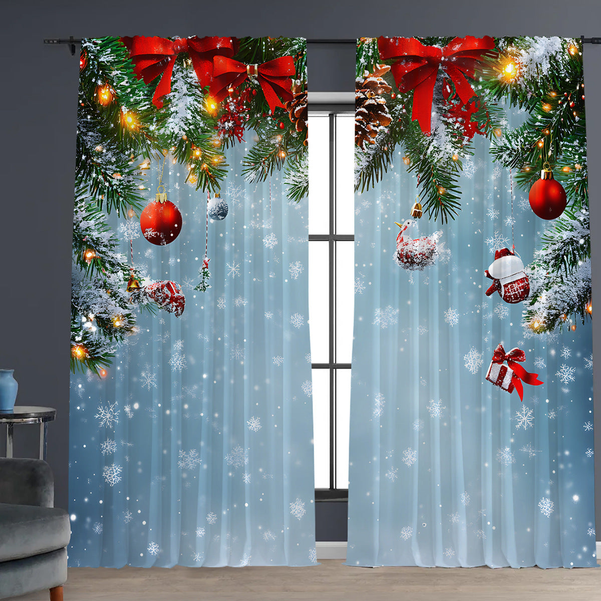2PCs Christmas Curtains 3D Digital Printing Flower Window Drapes Festive Home Decoration