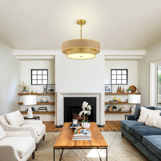 17.7 Inch Woven Rattan Linen Semi Flush Ceiling Light Fixture Farmhouse Pendant Lamp for Bedroom Kitchen Dining Living Room Corridor