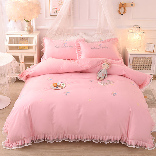 Summer Ruffled Cotton Four-piece Set Girl Heart Embroidery Flower Quilt Cover