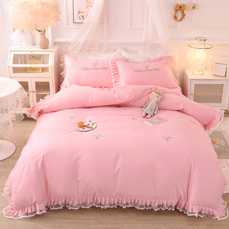 Summer Ruffled Cotton Four-piece Set Girl Heart Embroidery Flower Quilt Cover