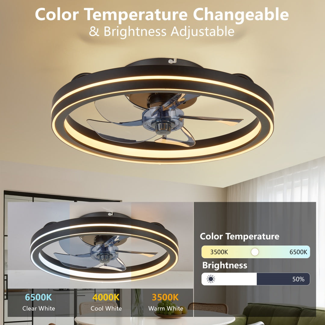 RGB LED Ceiling Fan Light Low Profile Bladeless Fandelier 19IN Flush Mount Smart App Remote Control Bedroom Ceiling Fan