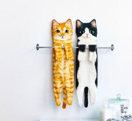 Long Cat Hand Towel Cute Cat Shape Bathroom Kitchen Absorbent Hanging Handkerchief Towel