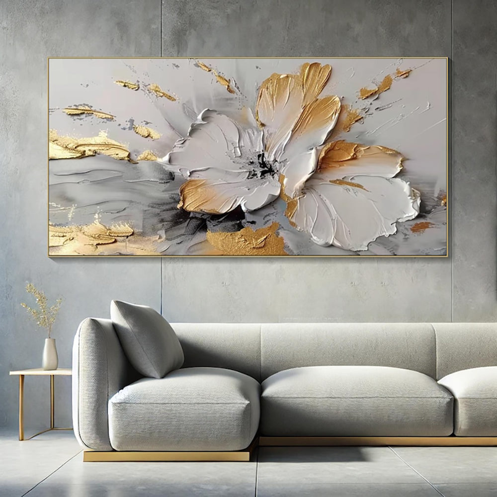 Handmade Abstract Golden White Floral Oil Painting Canvas Wall Art Frameless Unstretched Living Room Decor